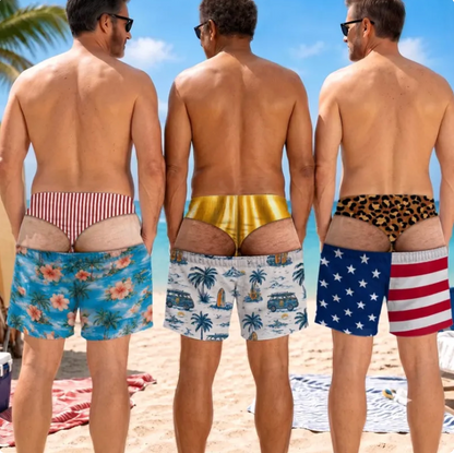 Man wearing Cheeky Shorts funny swim trunks at the beach